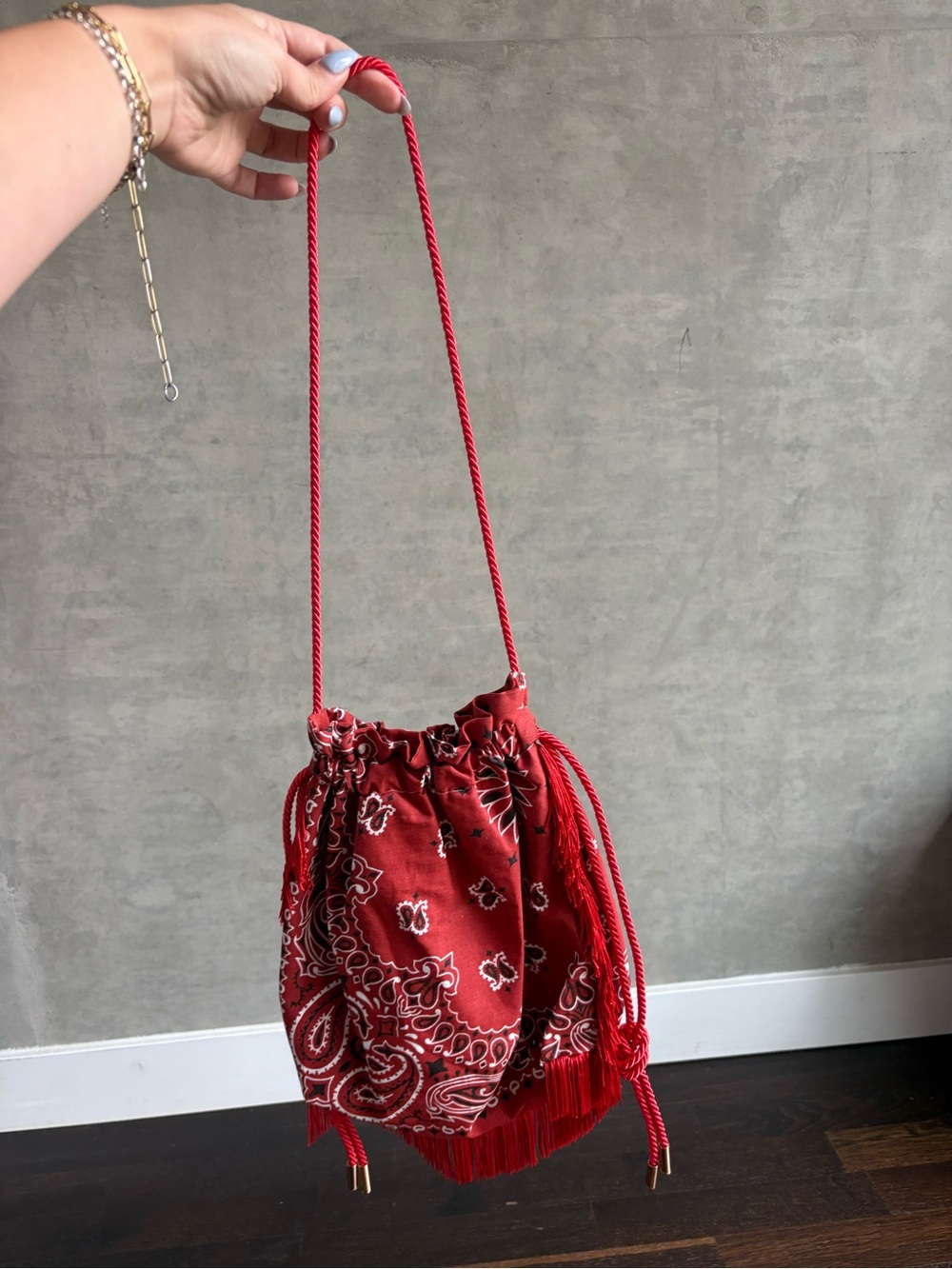 Kombinaison Red Bandana-Print Drawstring Shoulder Bag with Fringe